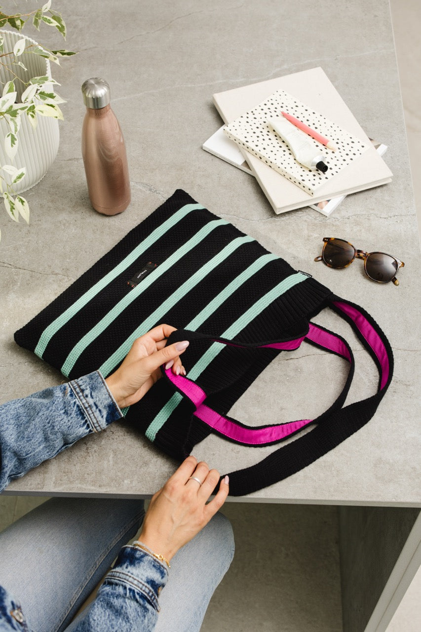 Textured Stripes Knitted Tote-Black